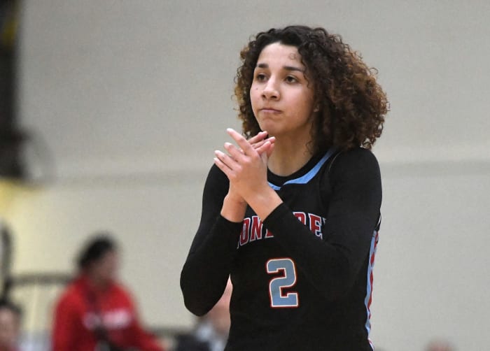 Monterey's Aaliyah Chavez claps her hands after missing a 3 against Amarillo in the UIL 5A Region I quarterfinals on Monday at the Hutcherson Center in Plainview.